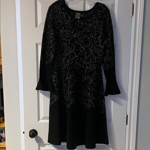 Taylor Black Long-Sleeve Dress with Silver Floral Embroidery